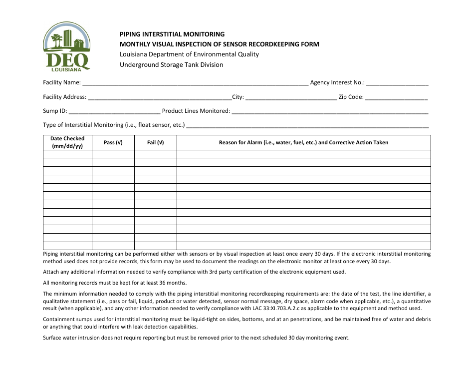 Piping Interstitial Monitoring Records Form for Monthly Visual Sump Inspections - Louisiana, Page 1