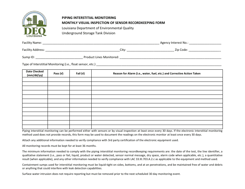 Piping Interstitial Monitoring Records Form for Monthly Visual Sump Inspections - Louisiana Download Pdf