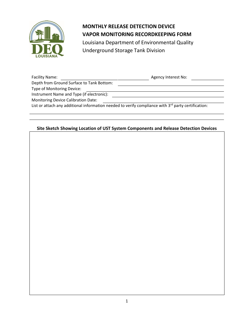 Release Detection Device Monitoring Vapor Recordkeeping Form - Louisiana, Page 1