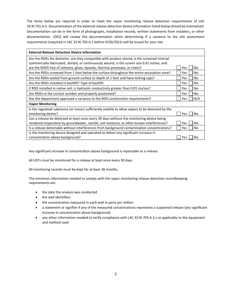 Release Detection Device Monitoring Vapor Recordkeeping Form - Louisiana, Page 2