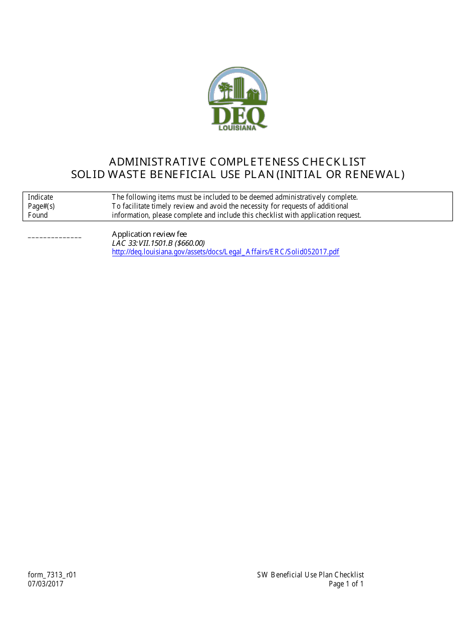 Form 7313 Solid Waste Beneficial Use Plan Checklist - Louisiana, Page 1