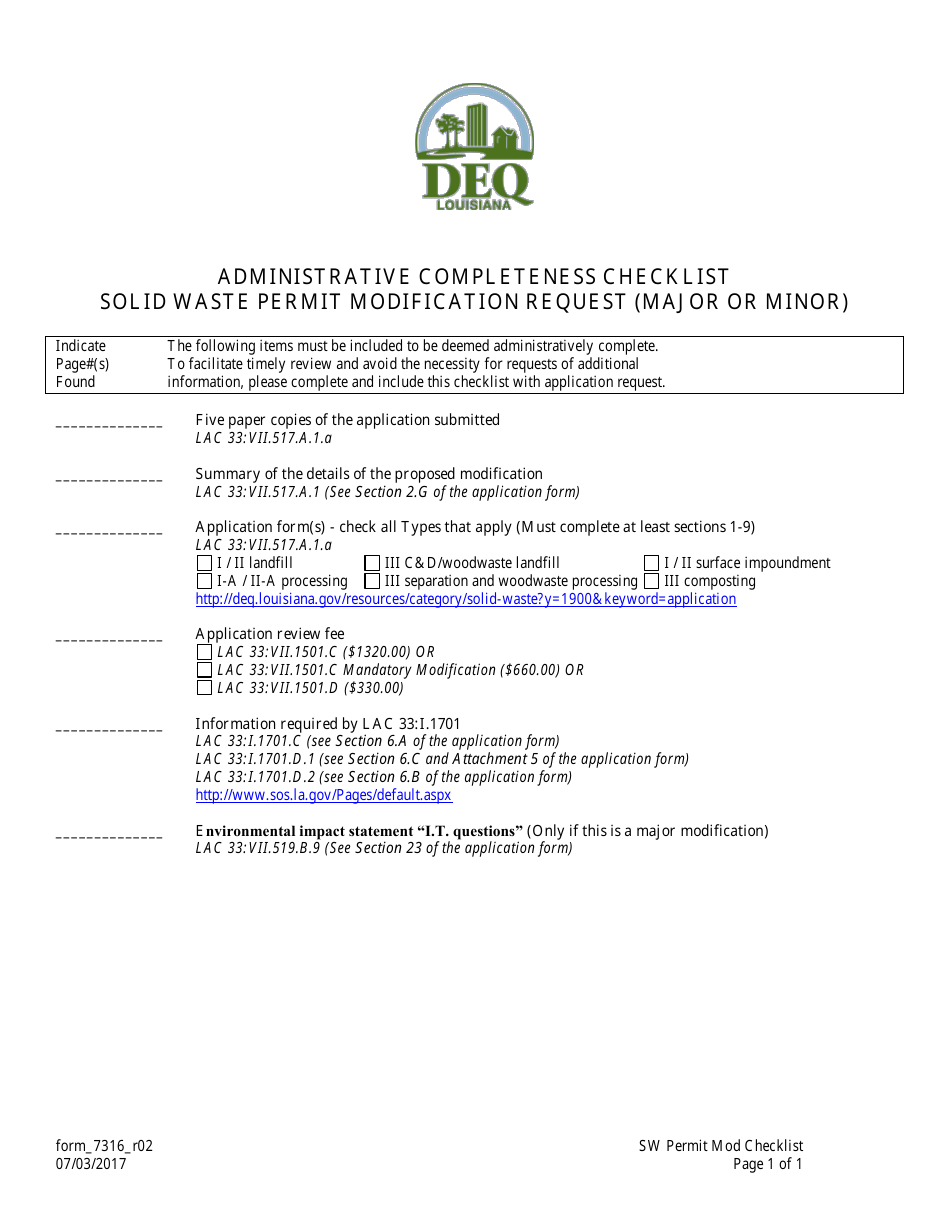 Form 7316 Minor or Major Modification Permit Application Checklist - Louisiana, Page 1