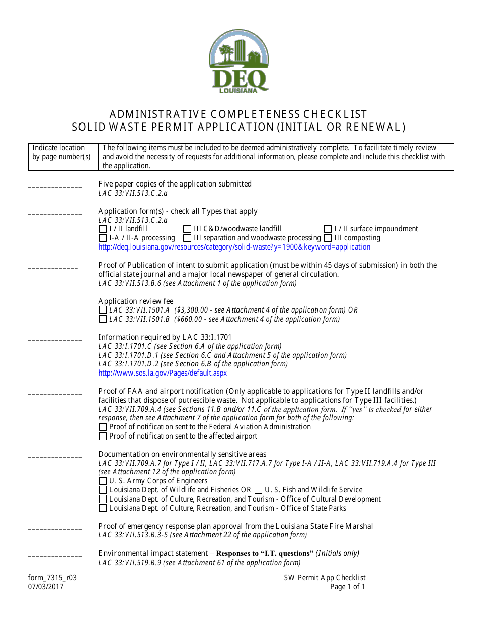 Form 7315 Administrative Completeness Checklist - Solid Waste Permit Application (Initial or Renewal) - Louisiana, Page 1