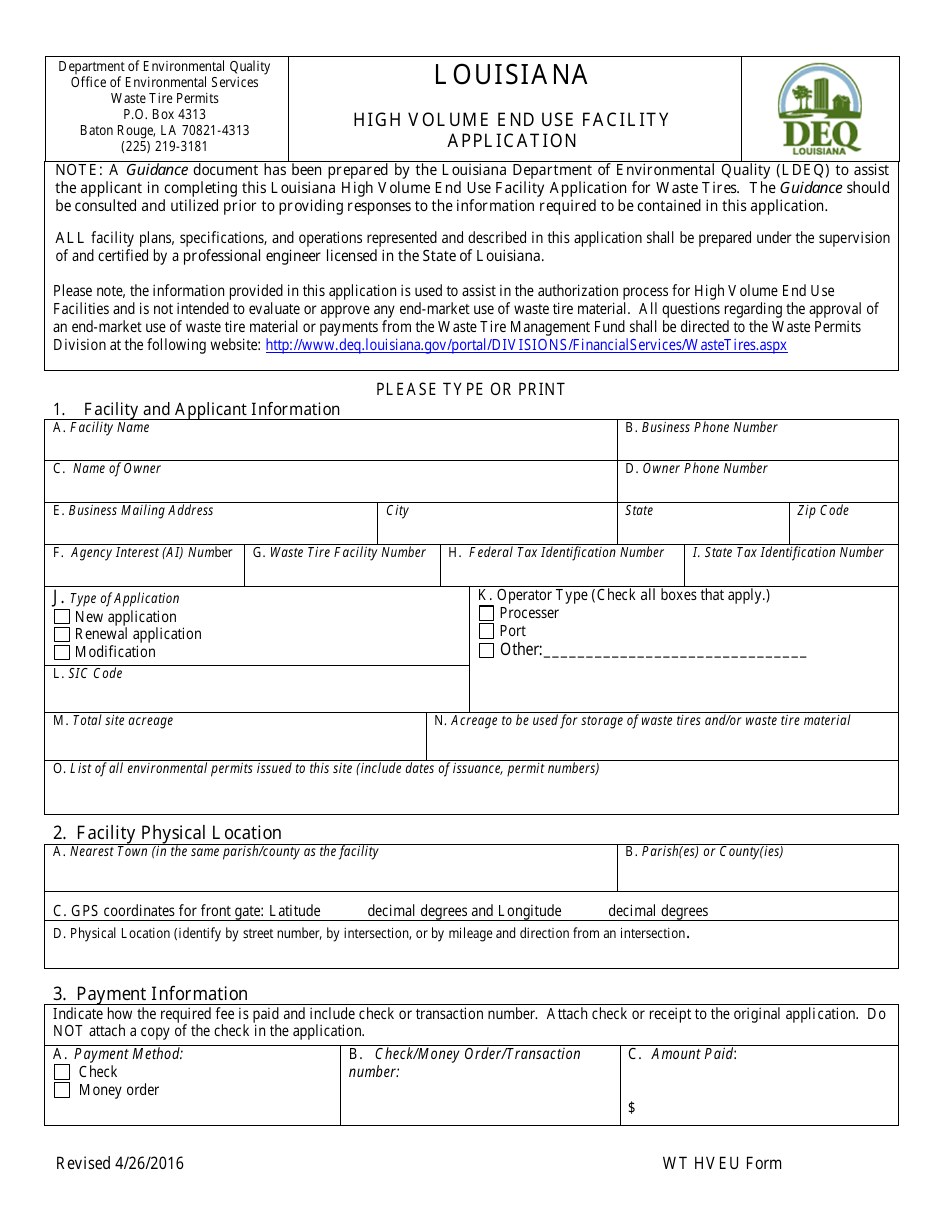 High Volume End Use Facility Application Form - Louisiana, Page 1