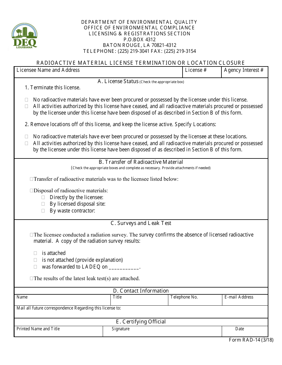 Form RAD-14 Radioactive Material License Termination or Location Closure - Louisiana, Page 1