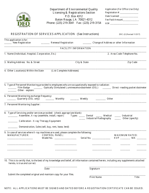 Form DRC-22 Registration of Services Application - Louisiana