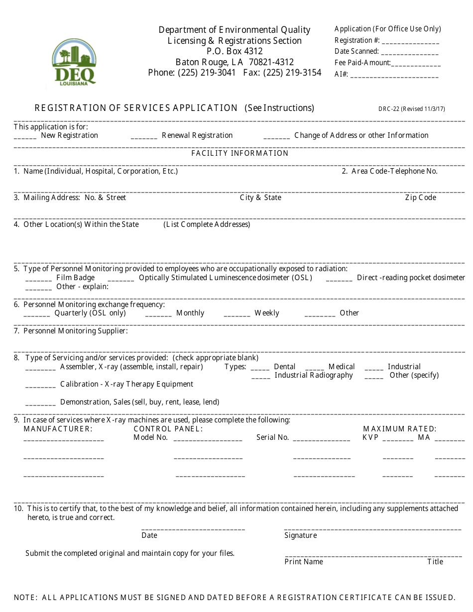 Form DRC-22 Registration of Services Application - Louisiana, Page 1