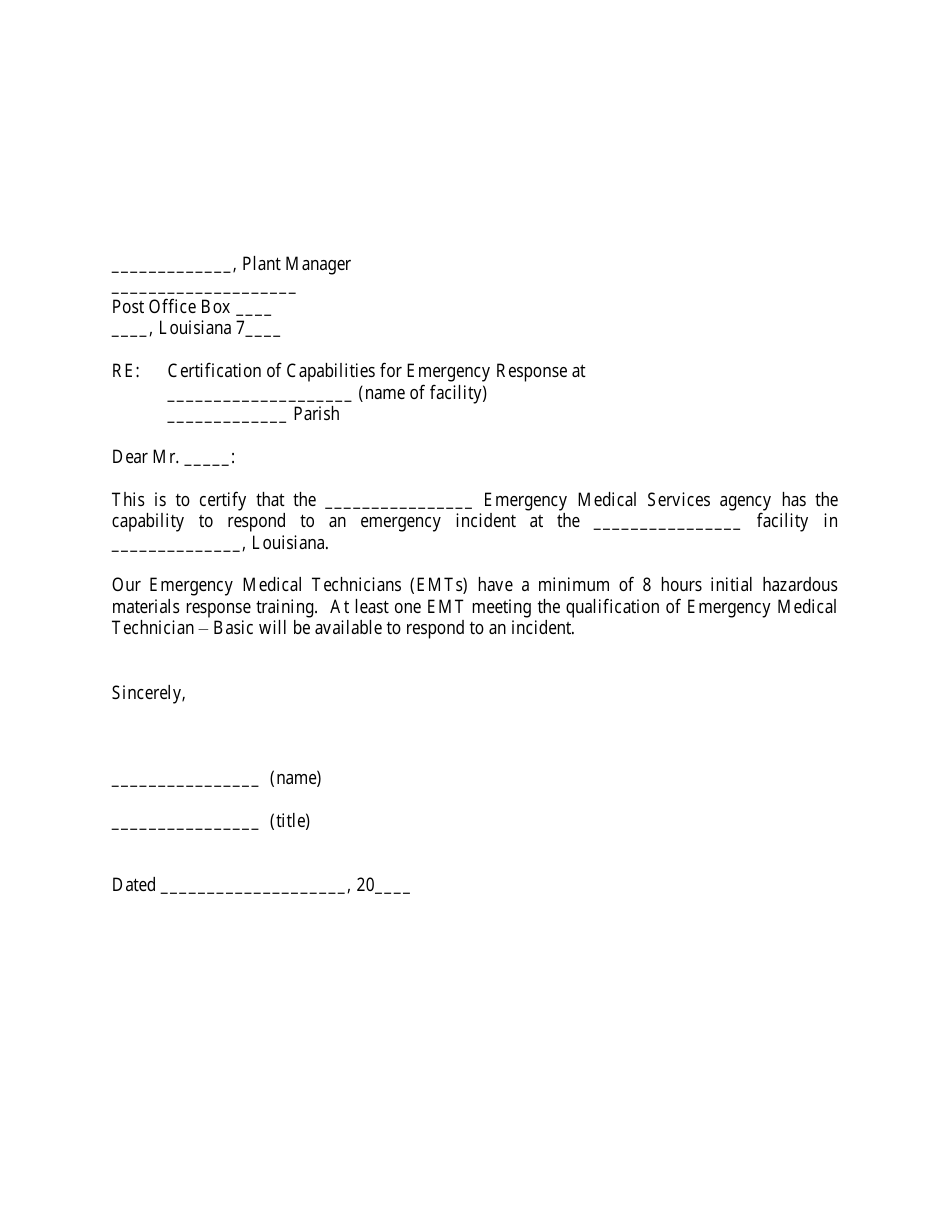 EMS Certification Letter Template - Louisiana, Page 1