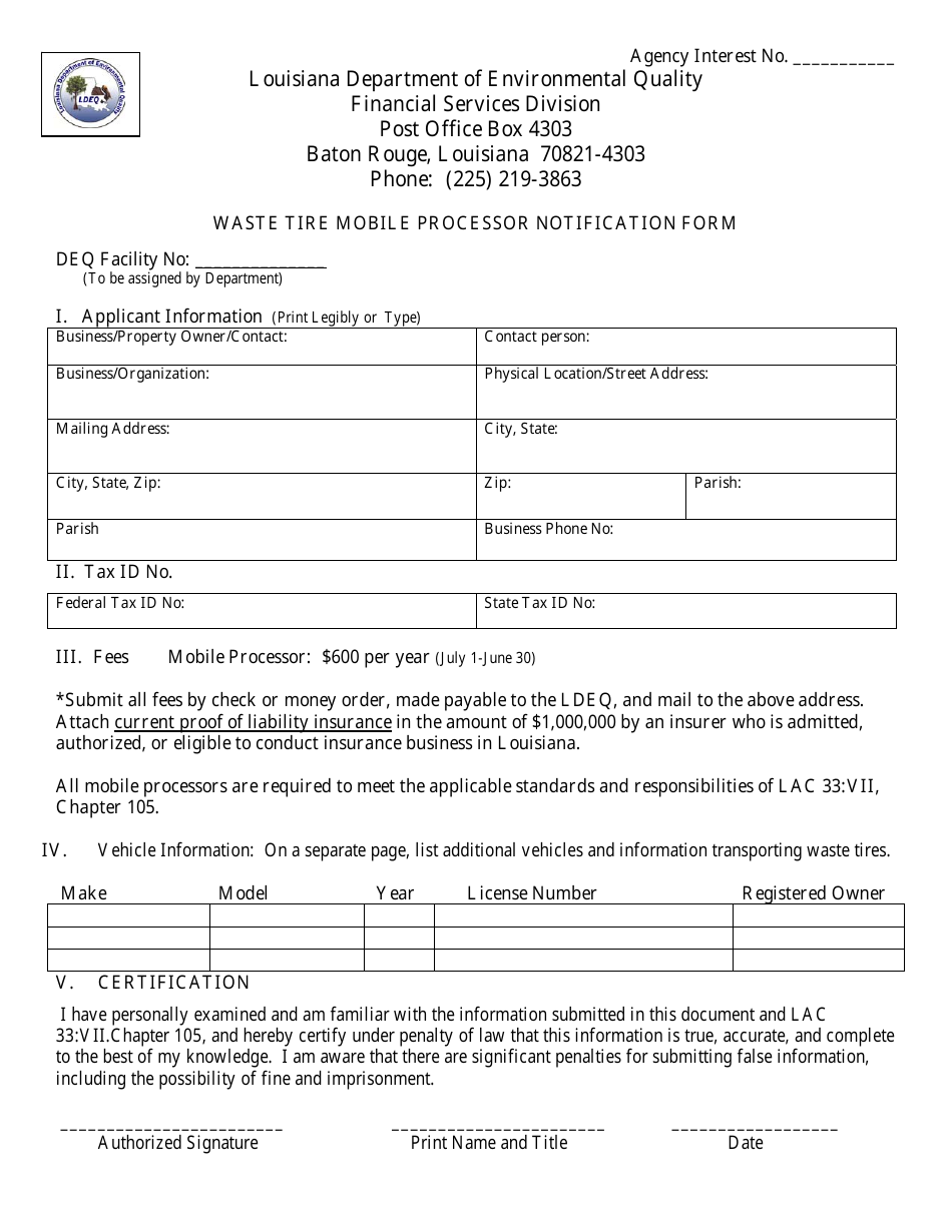 Waste Tire Mobile Processor Notification Form - Louisiana, Page 1