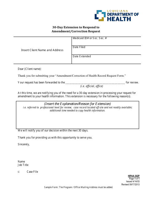 Form 302P 30-day Extension to Respond to Amendment Request - Sample - Louisiana