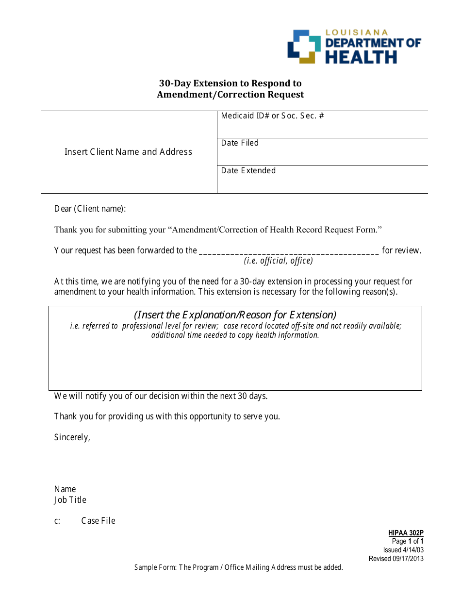 Form 302P 30-day Extension to Respond to Amendment Request - Sample - Louisiana, Page 1