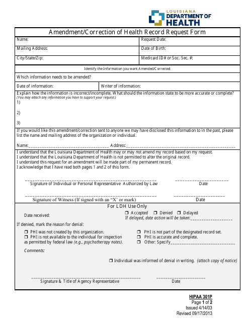 Form 301P Amendment/Correction of Health Record Request Form - Louisiana