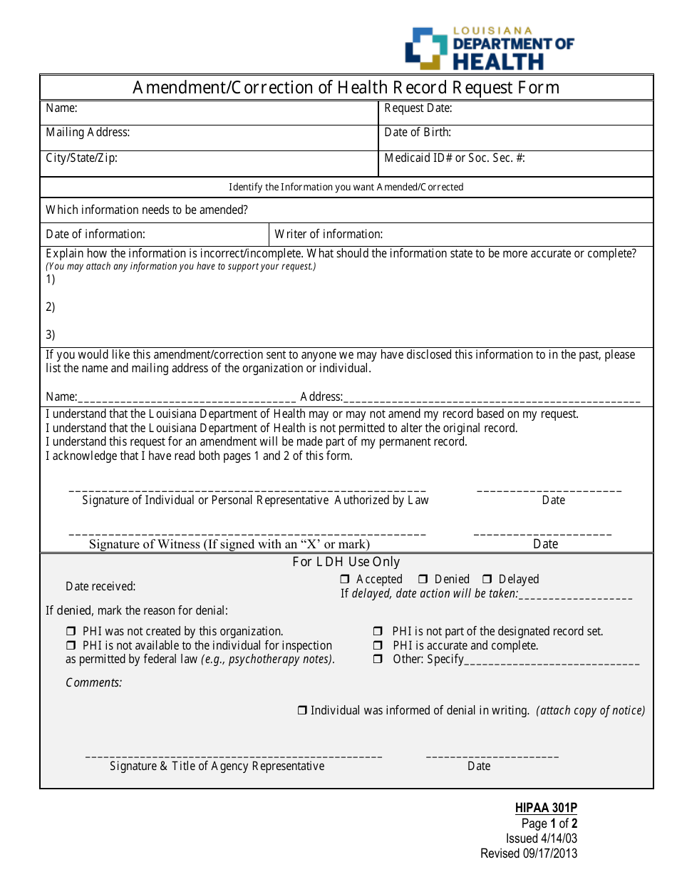 Form 301P Amendment / Correction of Health Record Request Form - Louisiana, Page 1