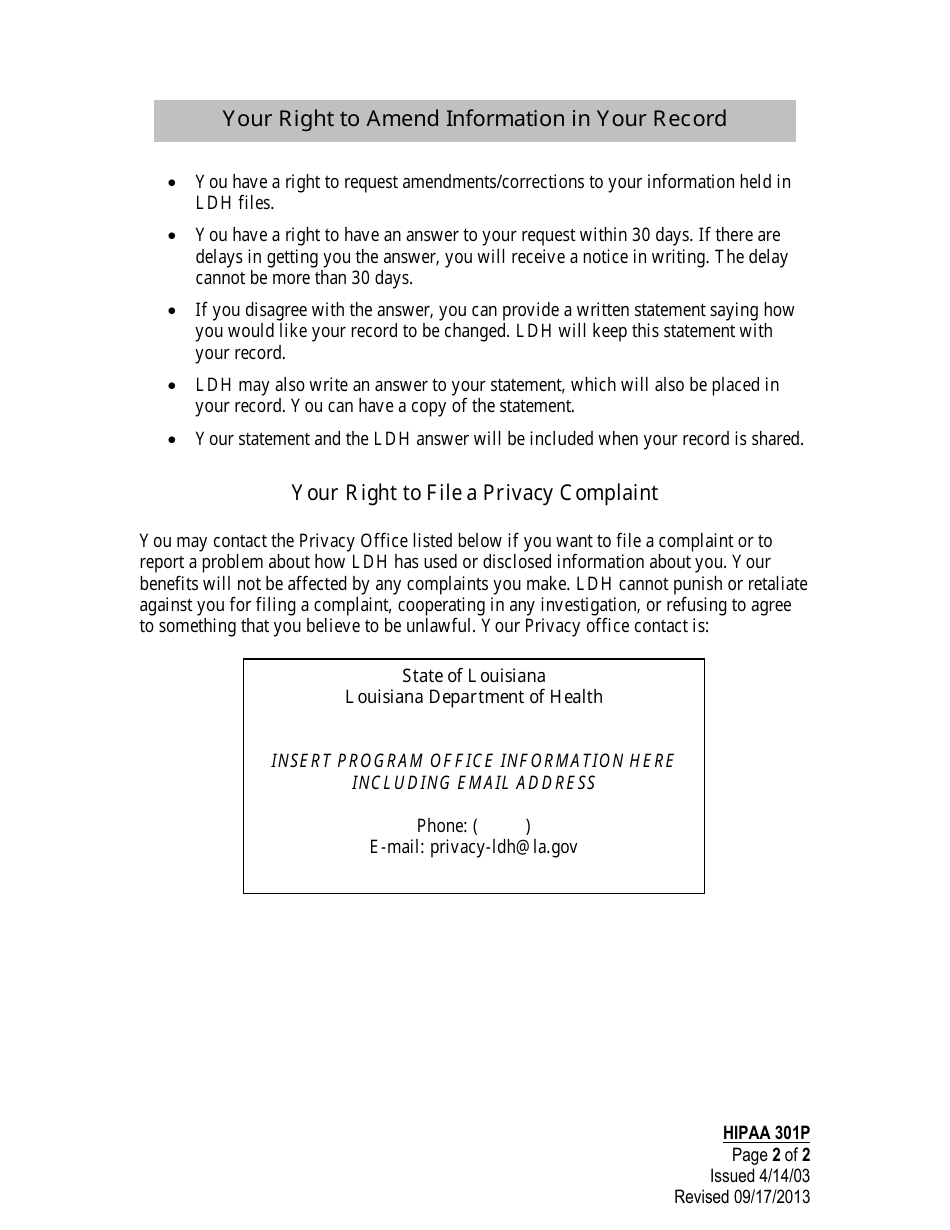 Form 301P Amendment / Correction of Health Record Request Form - Louisiana, Page 2