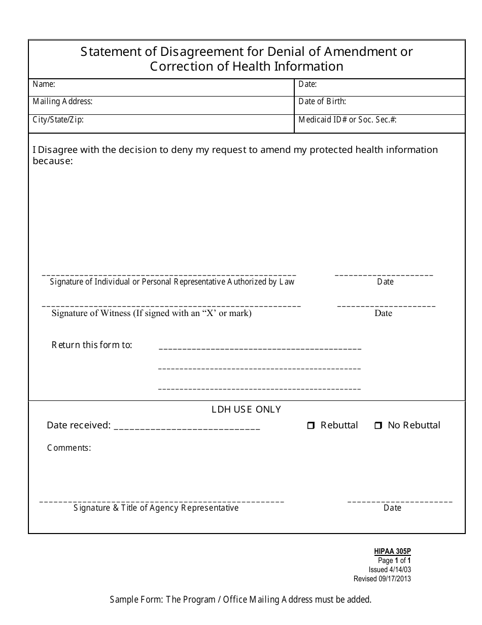 Form HIPPA305P Statement of Disagreement for Denial of Amendment or Correction of Health Information - Louisiana, Page 1