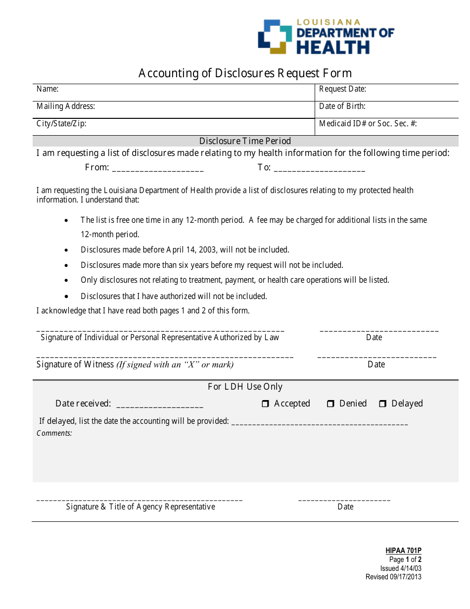 Form 701P Accounting of Disclosures Request Form - Louisiana, Page 1