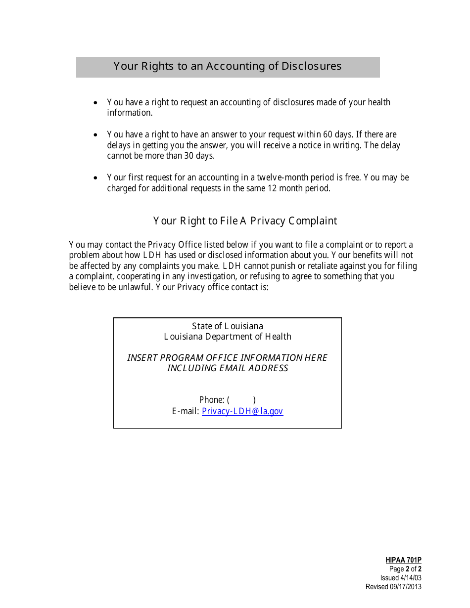 Form 701P Accounting of Disclosures Request Form - Louisiana, Page 2