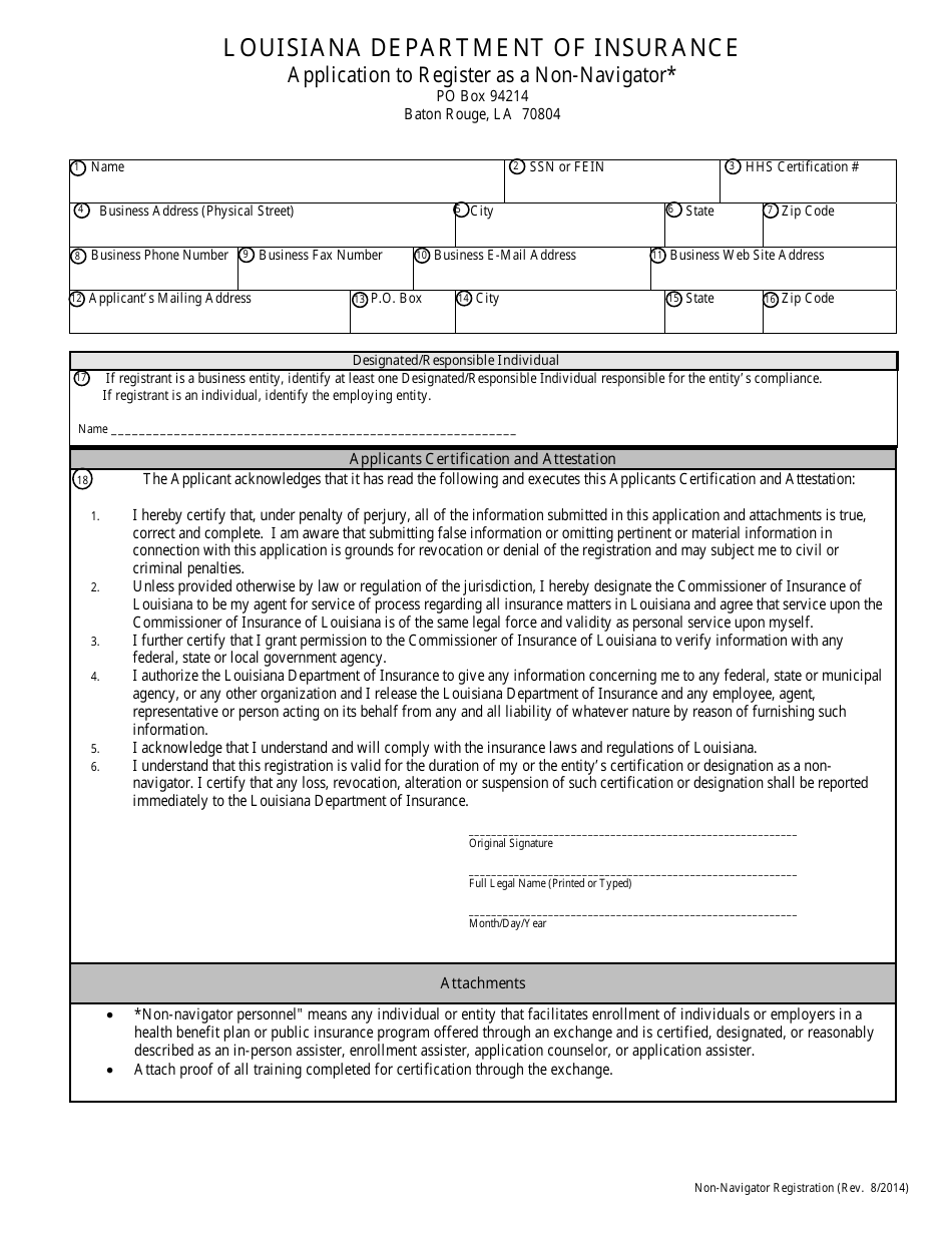 Application to Register as a Non-navigator - Louisiana, Page 1