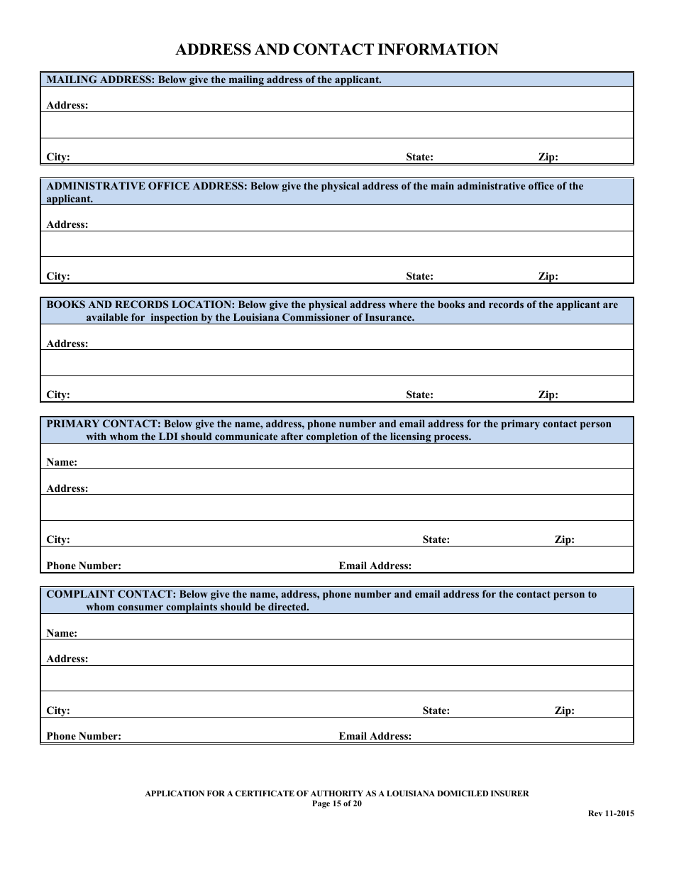 Application for a Certificate of Authority as a Louisiana Domiciled Insurer Form - Louisiana, Page 15