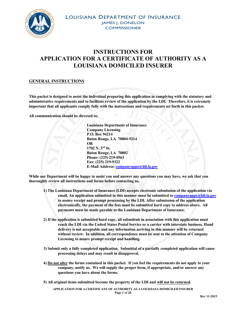 Application for a Certificate of Authority as a Louisiana Domiciled Insurer Form - Louisiana, Page 1