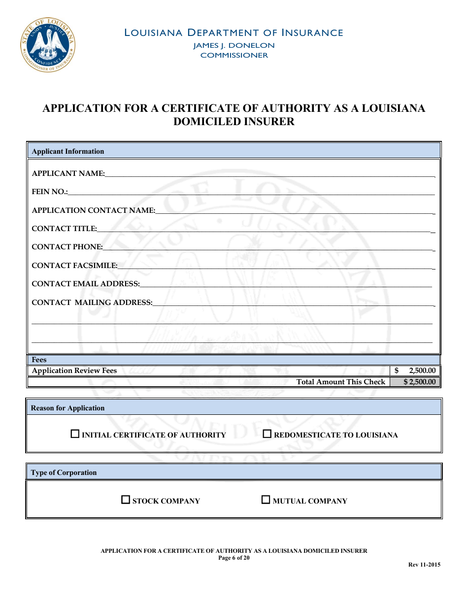 Application for a Certificate of Authority as a Louisiana Domiciled Insurer Form - Louisiana, Page 6