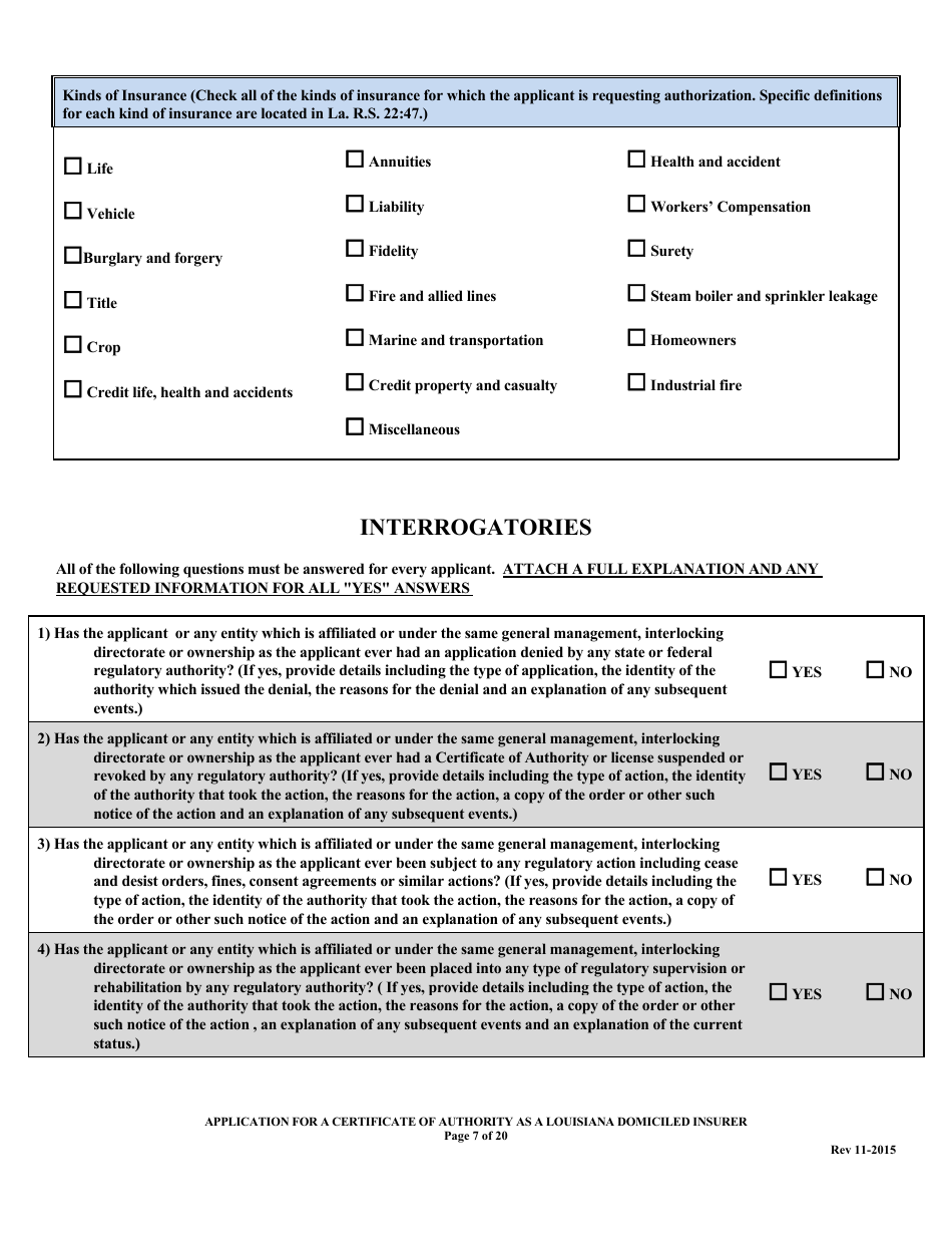 Application for a Certificate of Authority as a Louisiana Domiciled Insurer Form - Louisiana, Page 7
