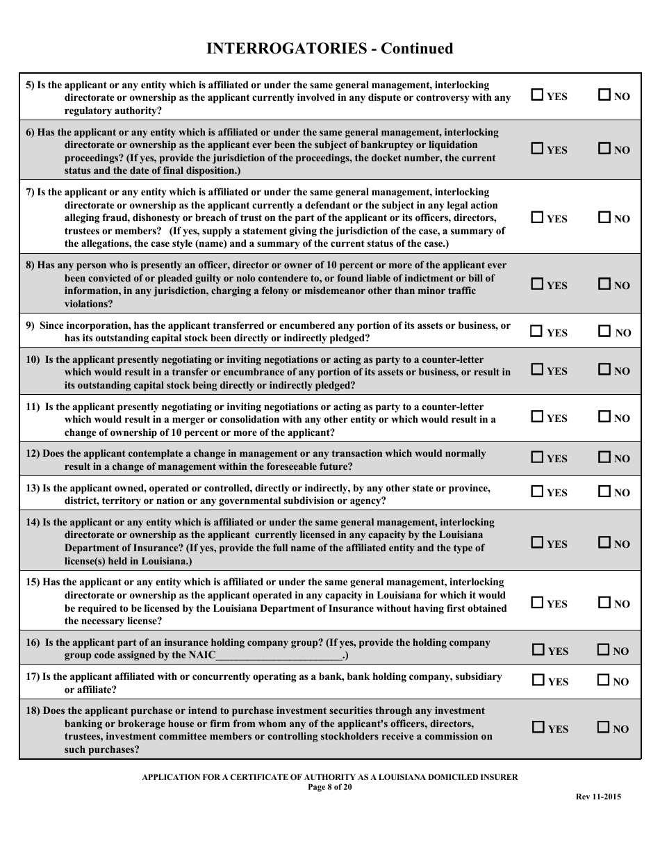 Application for a Certificate of Authority as a Louisiana Domiciled Insurer Form - Louisiana, Page 8