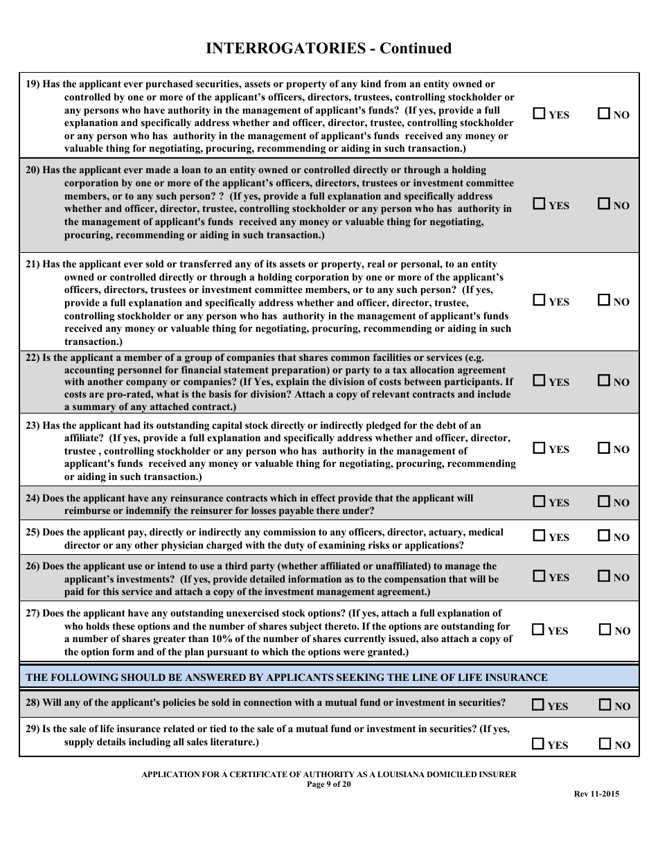 Application for a Certificate of Authority as a Louisiana Domiciled Insurer Form - Louisiana, Page 9