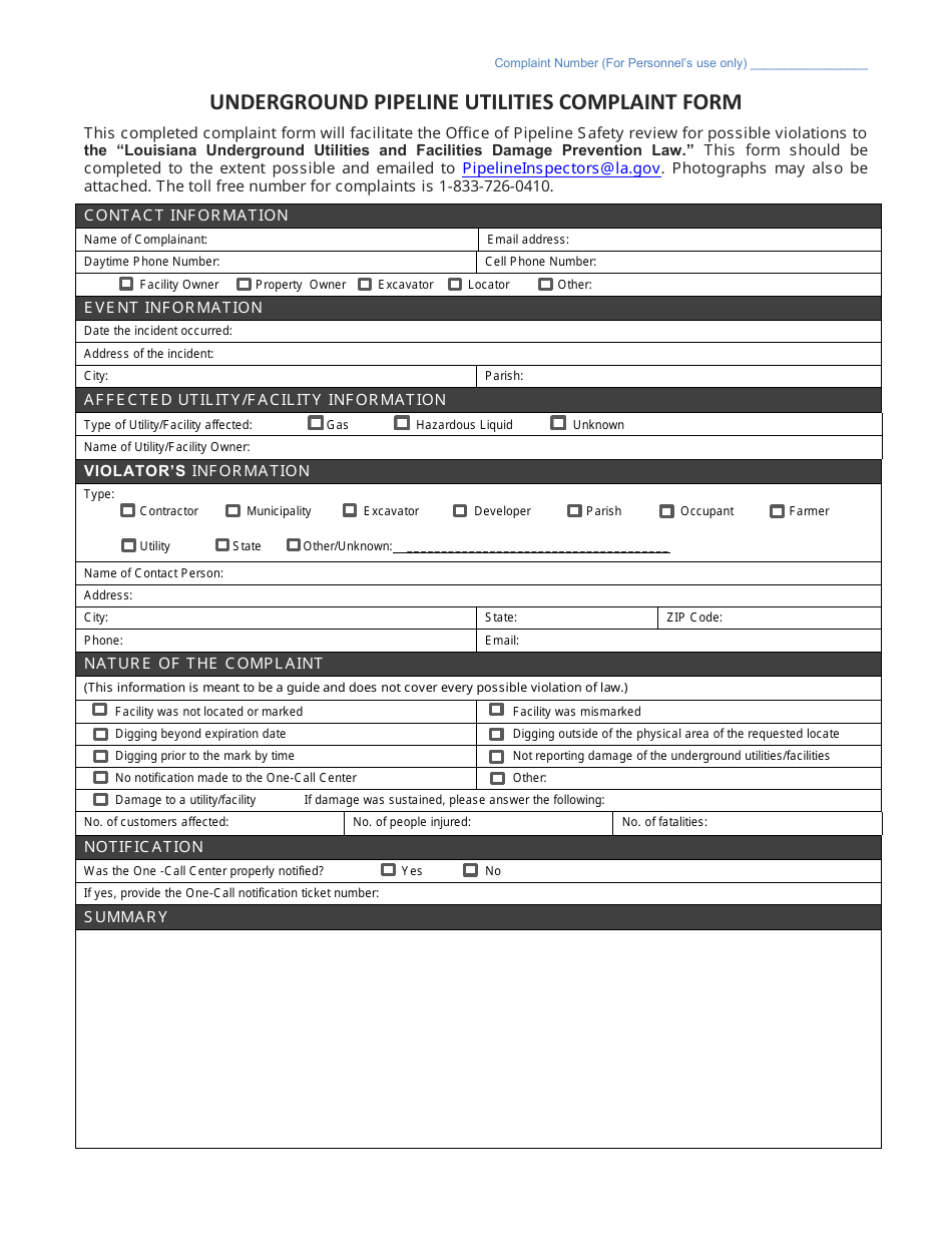 Louisiana Underground Pipeline Utilities Damage Prevention Complaint