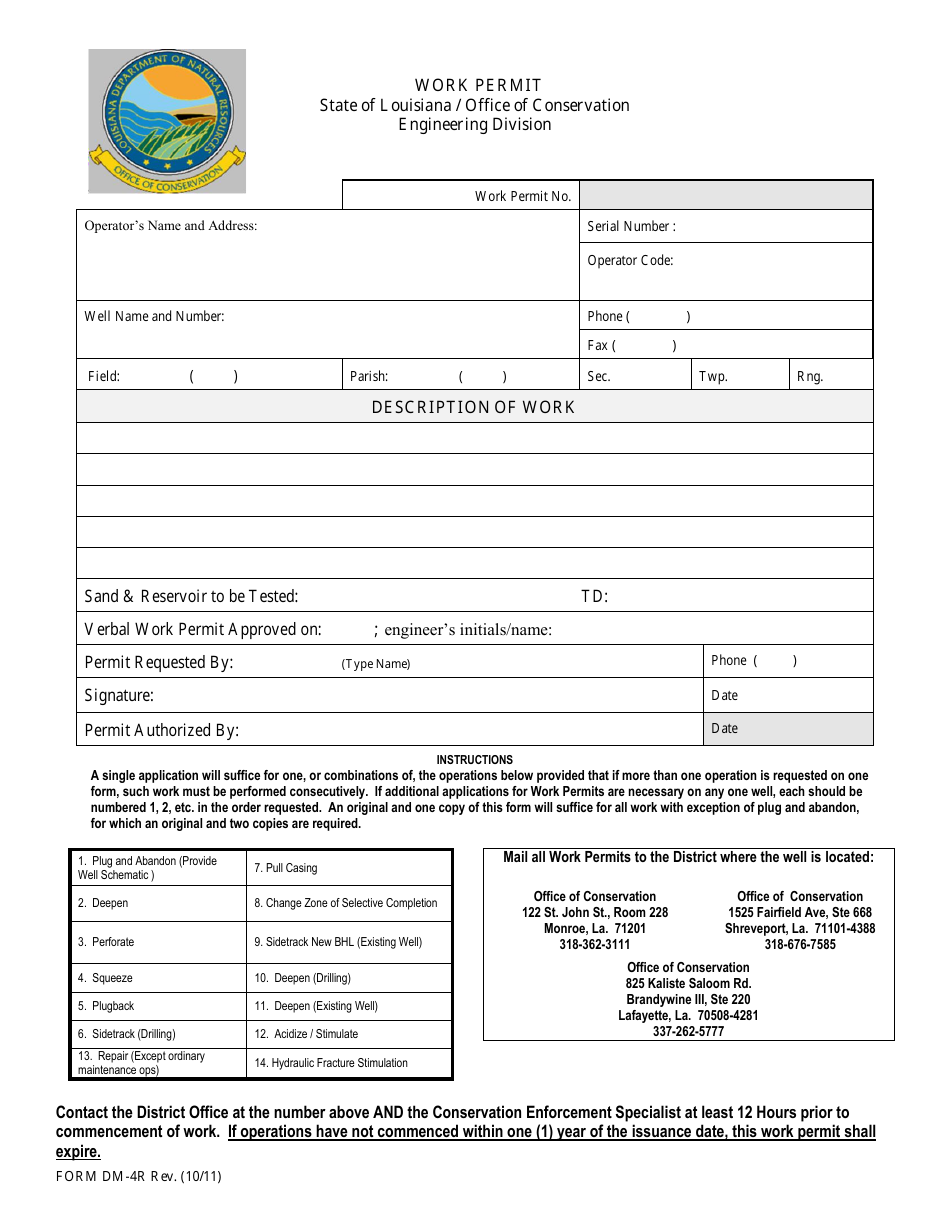 Form DM-4R Work Permit - Louisiana, Page 1