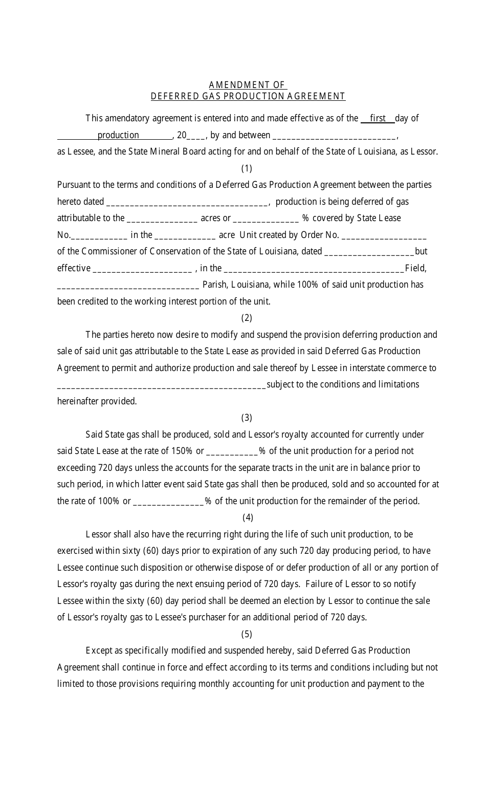 Amendment of Deferred Gas Production Agreement - Louisiana, Page 1