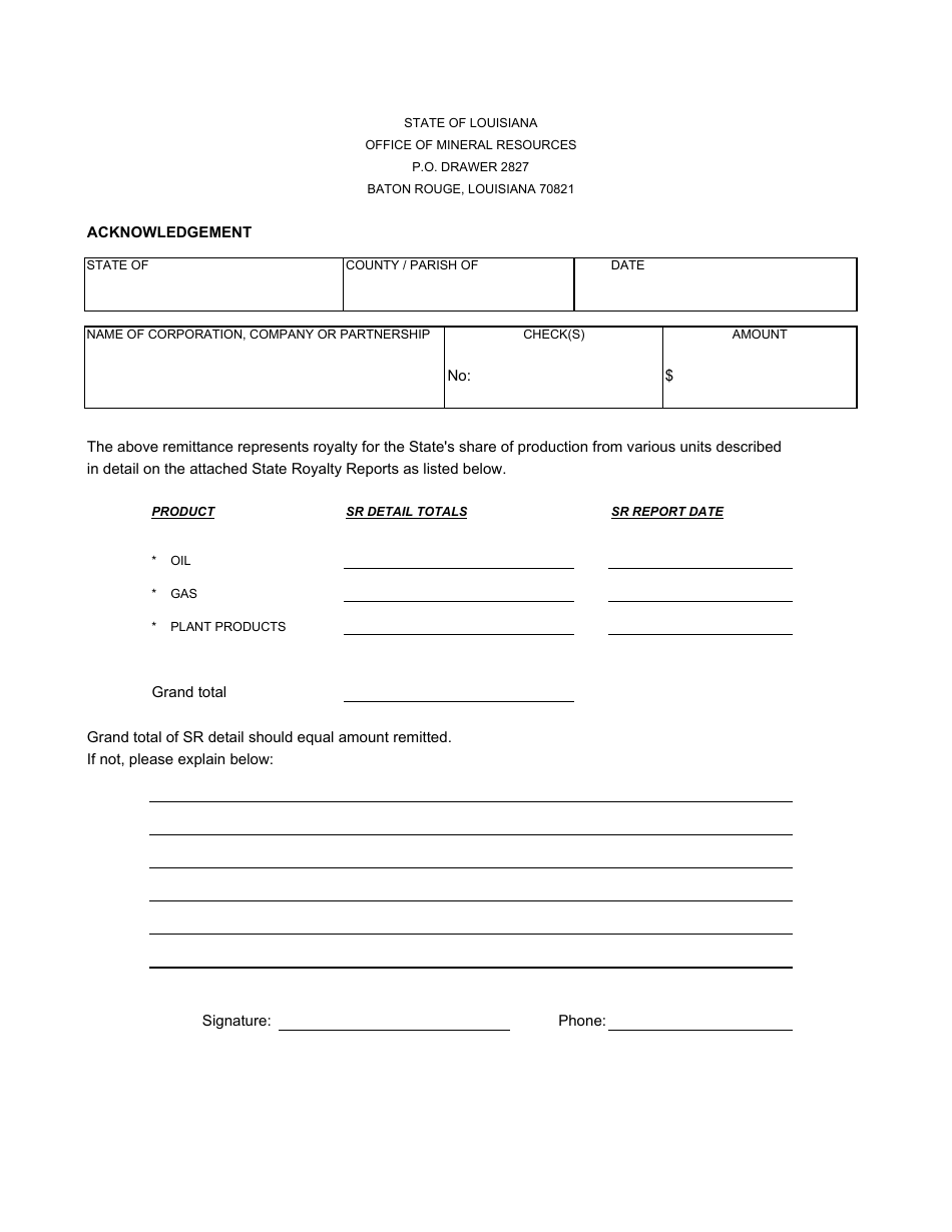 Royalty Acknowledgement Form - Louisiana, Page 1
