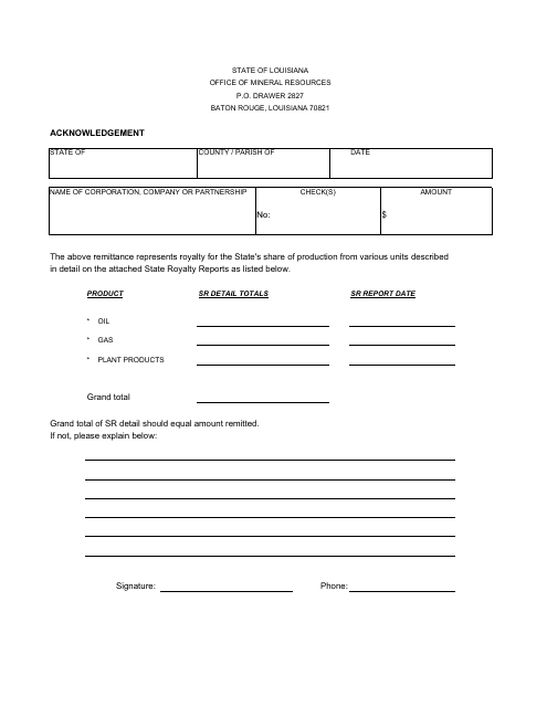 Royalty Acknowledgement Form - Louisiana Download Pdf