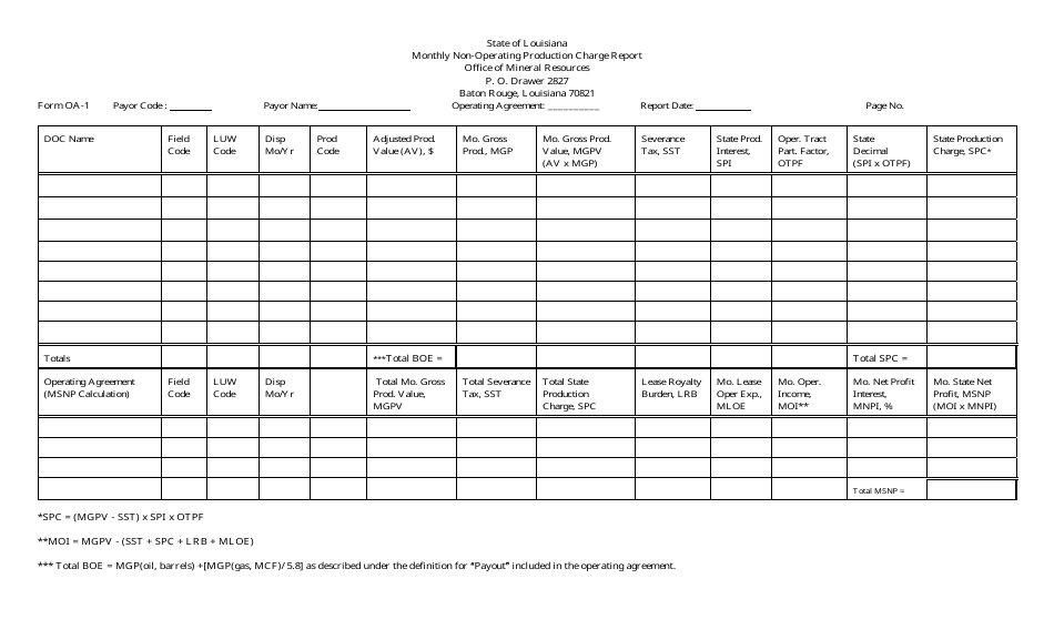 Form OA-1 Monthly Non-operating Production Charge Report - Louisiana, Page 1