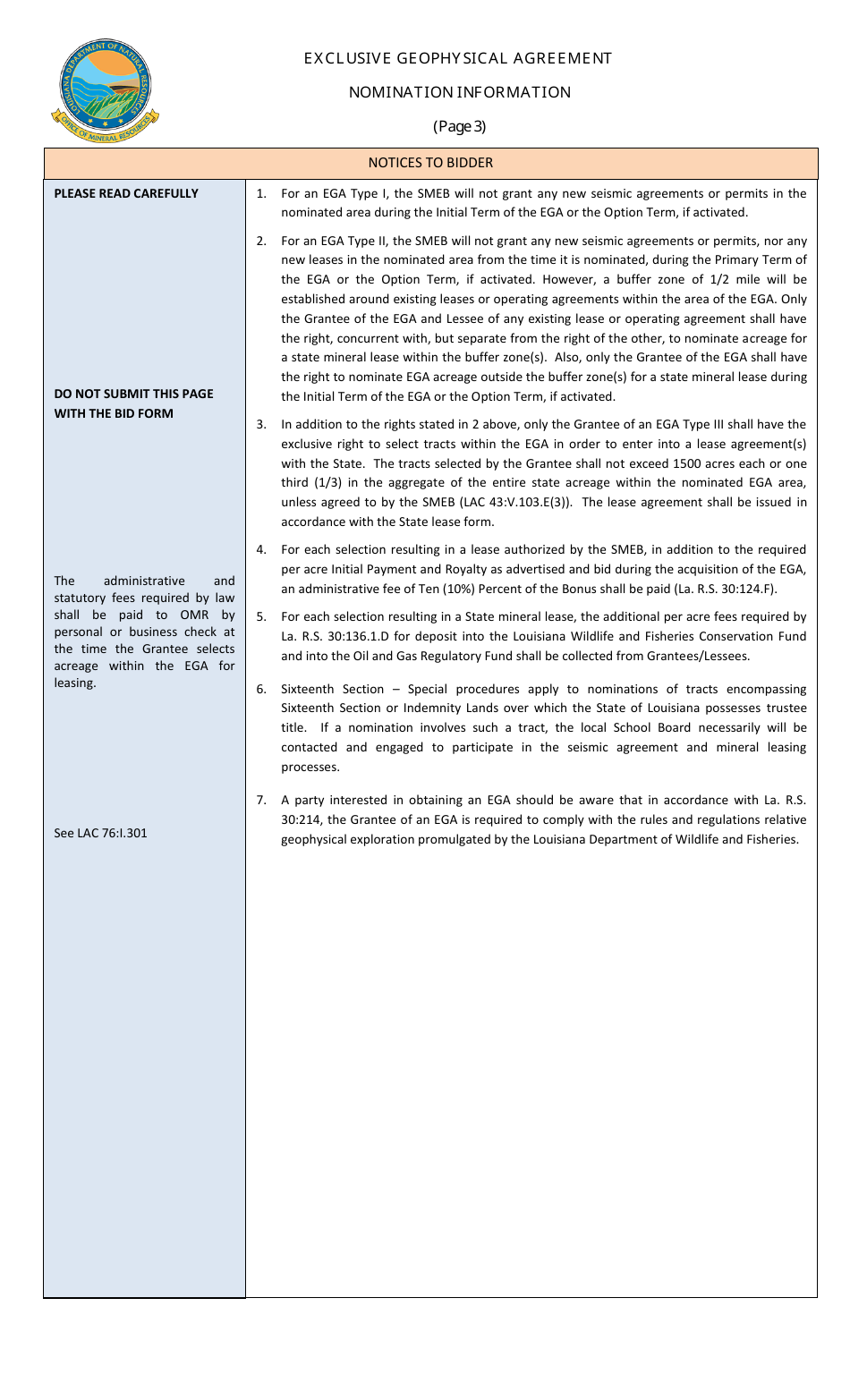 Exclusive Geophysical Agreement - Bid Form - Louisiana, Page 3