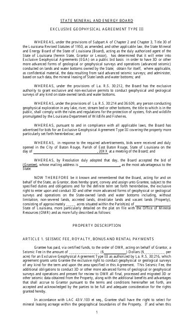 Exclusive Geophysical Agreement Form - Louisiana Download Pdf