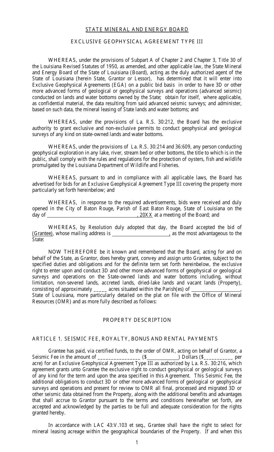 Exclusive Geophysical Agreement Form - Louisiana, Page 1