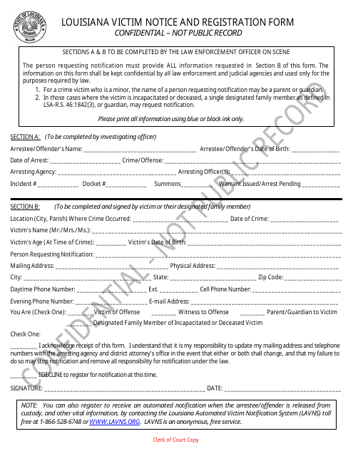 Louisiana Victim Notice and Registration Form - Louisiana Download Pdf