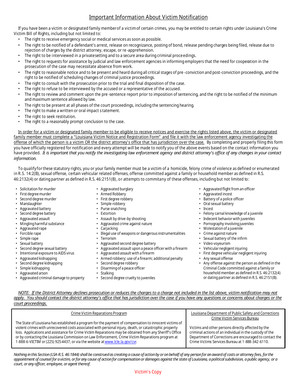 Louisiana Victim Notice and Registration Form - Louisiana, Page 10