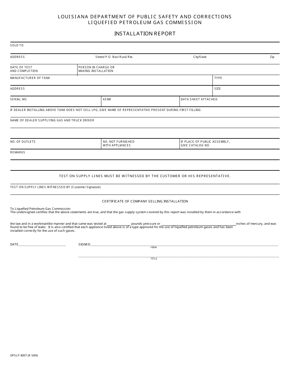 Form DPSLP8007 Installation Report - Louisiana, Page 1