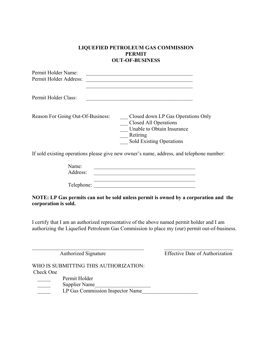 Out-Of-Business Permit Form - Louisiana, Page 1