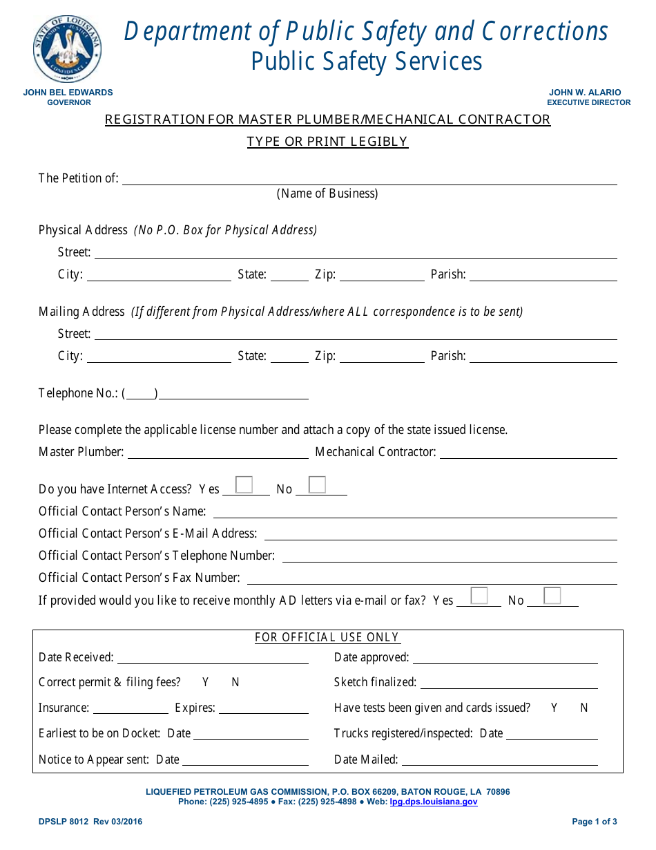 Form DPSLP8012 Registration for Master Plumber / Mechanical Contractor - Louisiana, Page 1