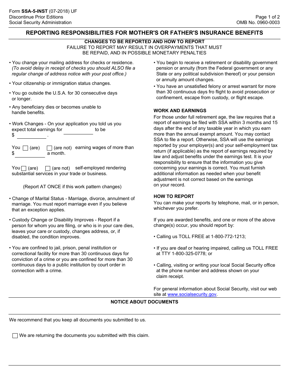 Form SSA-5-INST Reporting Responsibilities for Mothers or Fathers Insurance Benefits, Page 1