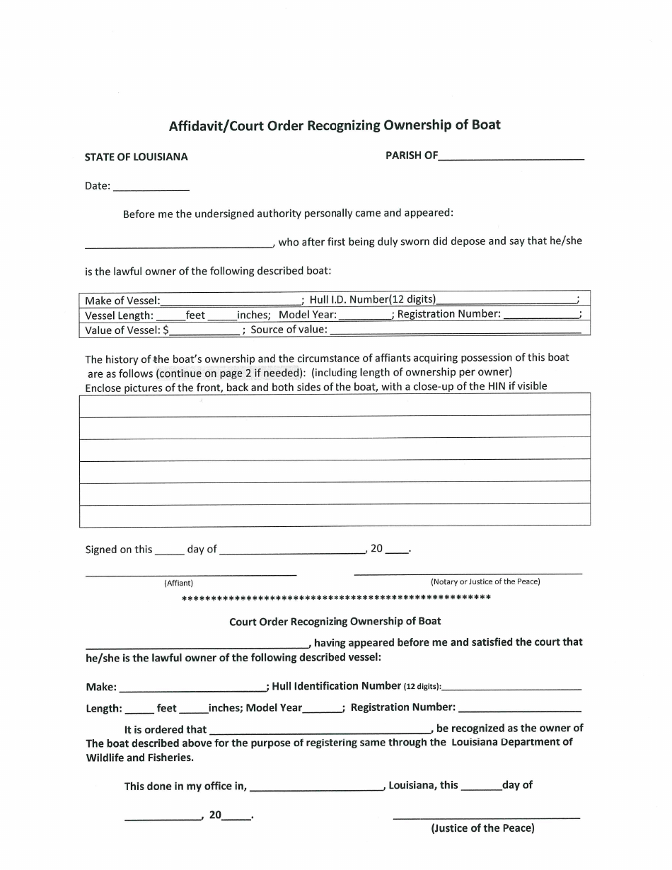 Affidavit / Court Order Recognizing Ownership of Boat - Louisiana, Page 1
