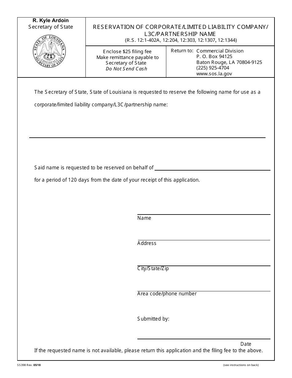 Form SS398 Reservation of Corporate / Limited Liability Company / L3c / Partnership Name - Louisiana, Page 2
