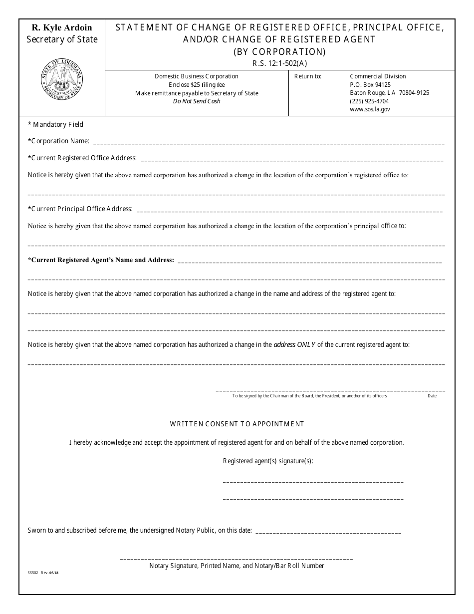 Form SS502 Statement of Change of Registered Office, Principal Office, and / or Change of Registered Agent (By Corporation) - Louisiana, Page 2