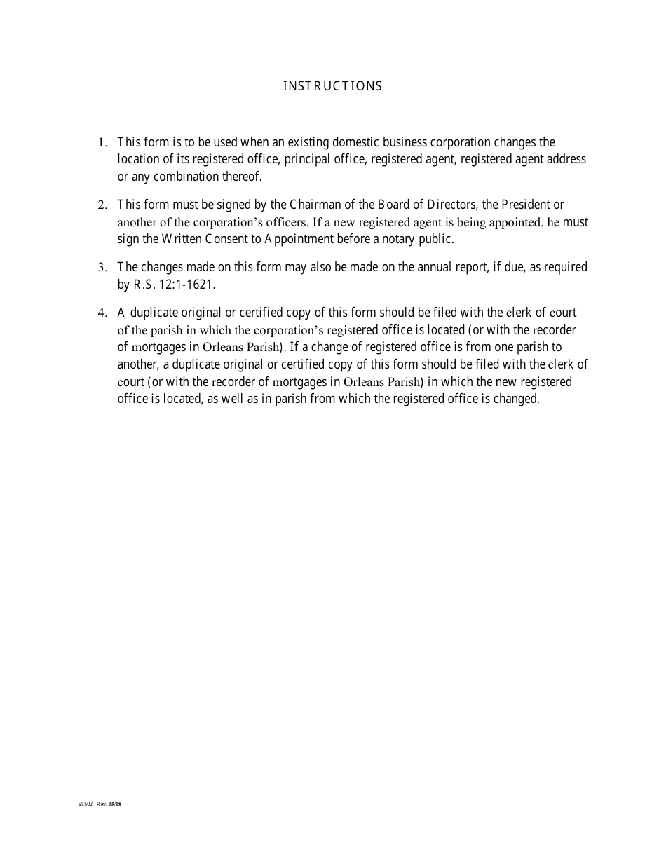 Form SS502 Statement of Change of Registered Office, Principal Office, and / or Change of Registered Agent (By Corporation) - Louisiana, Page 3