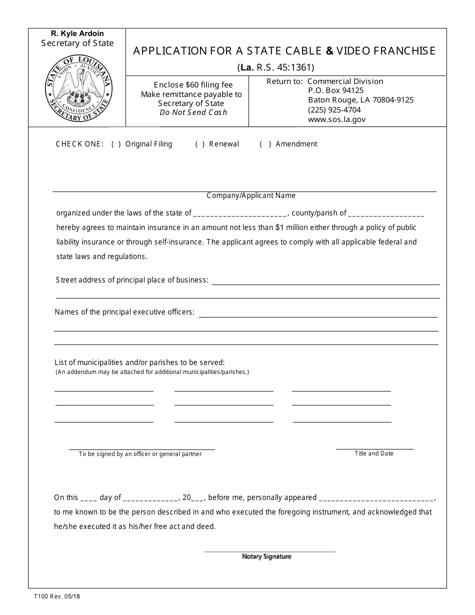 Form T100 Application for a State Cable  Video Franchise - Louisiana, Page 2