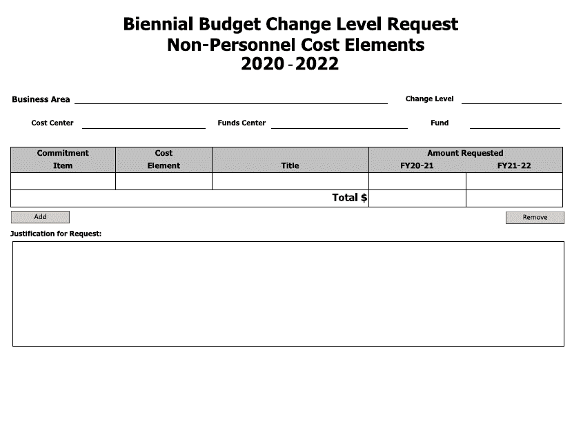 Biennial Budget Change Level Request Form - Non-personnel Cost Elements - Arkansas Download Pdf
