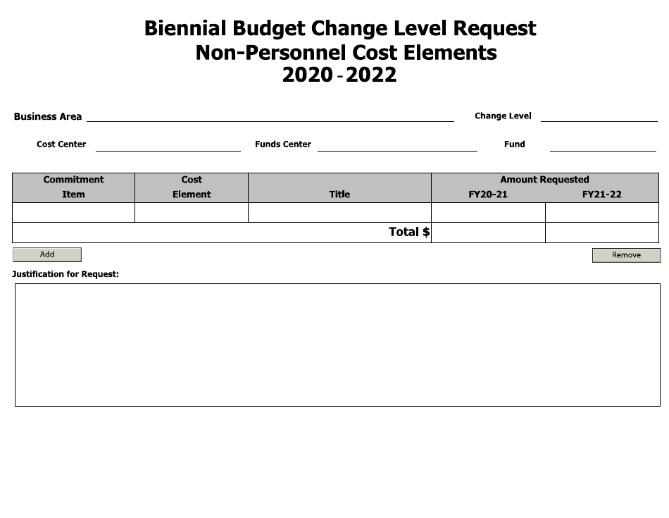 Biennial Budget Change Level Request Form - Non-personnel Cost Elements - Arkansas, Page 1